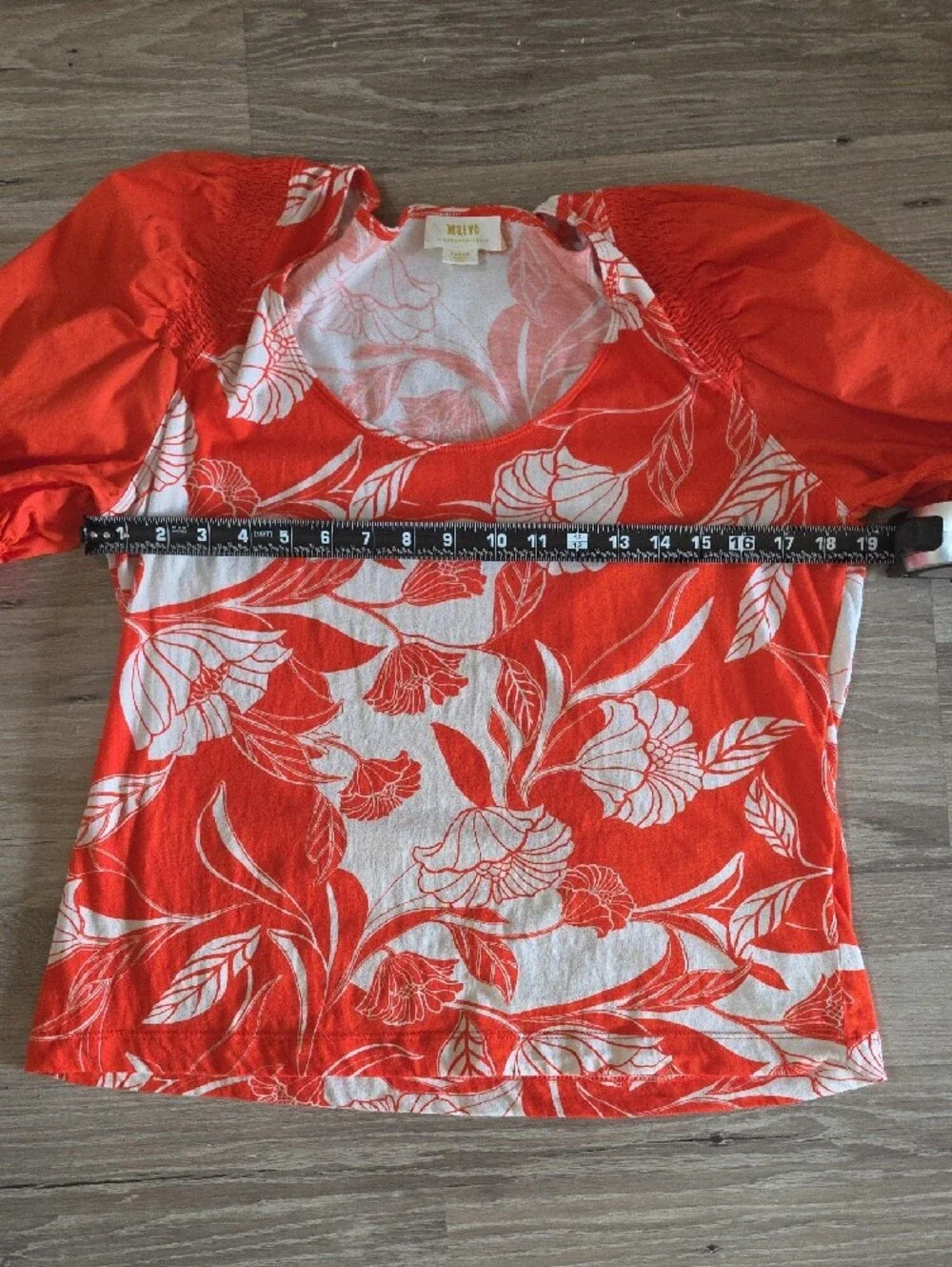 Anthropologie Maeve Red Orange & White Floral Scoop-Neck Puff Sleeve Top Size L